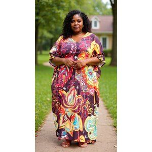 Gypsie Blu Multicolor Leaf Print V-Neck Maxi Dress Kaftan Beachwear Cover Up